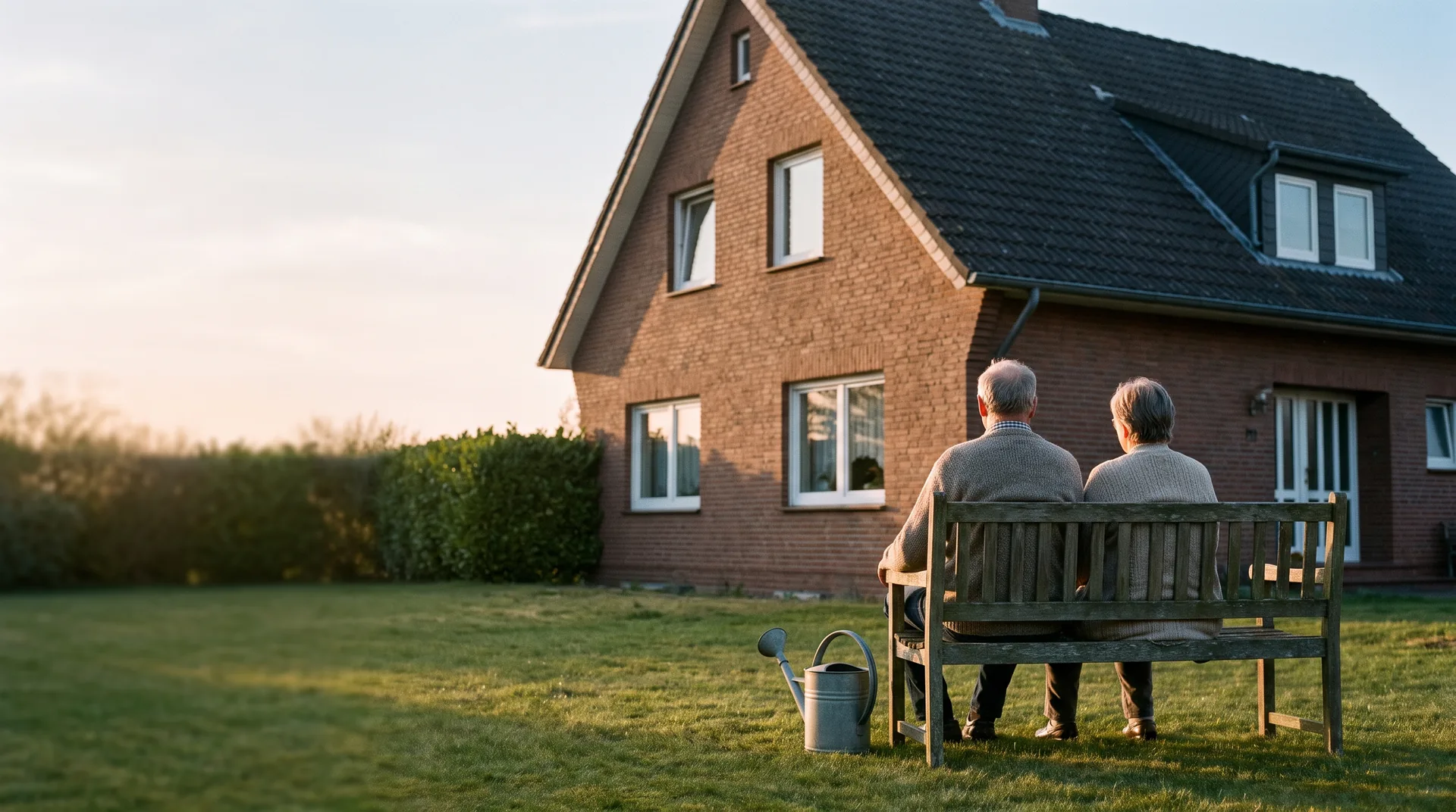 Ein älteres Paar sitzt von hinten gesehen auf einer Holzbank im Garten vor seinem Klinkerhaus (Stimmungsbild)