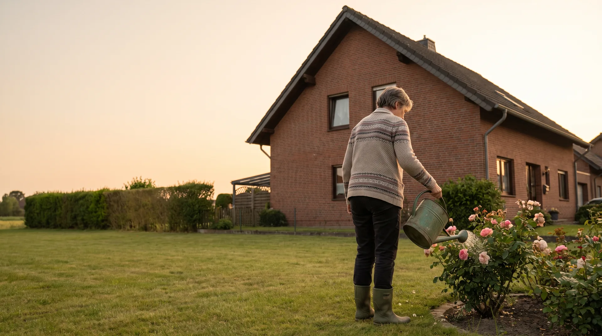 Eine Frau gießt von hinten gesehen die Rosen im Garten vor ihrem Klinkerhaus (Stimmungsbild)