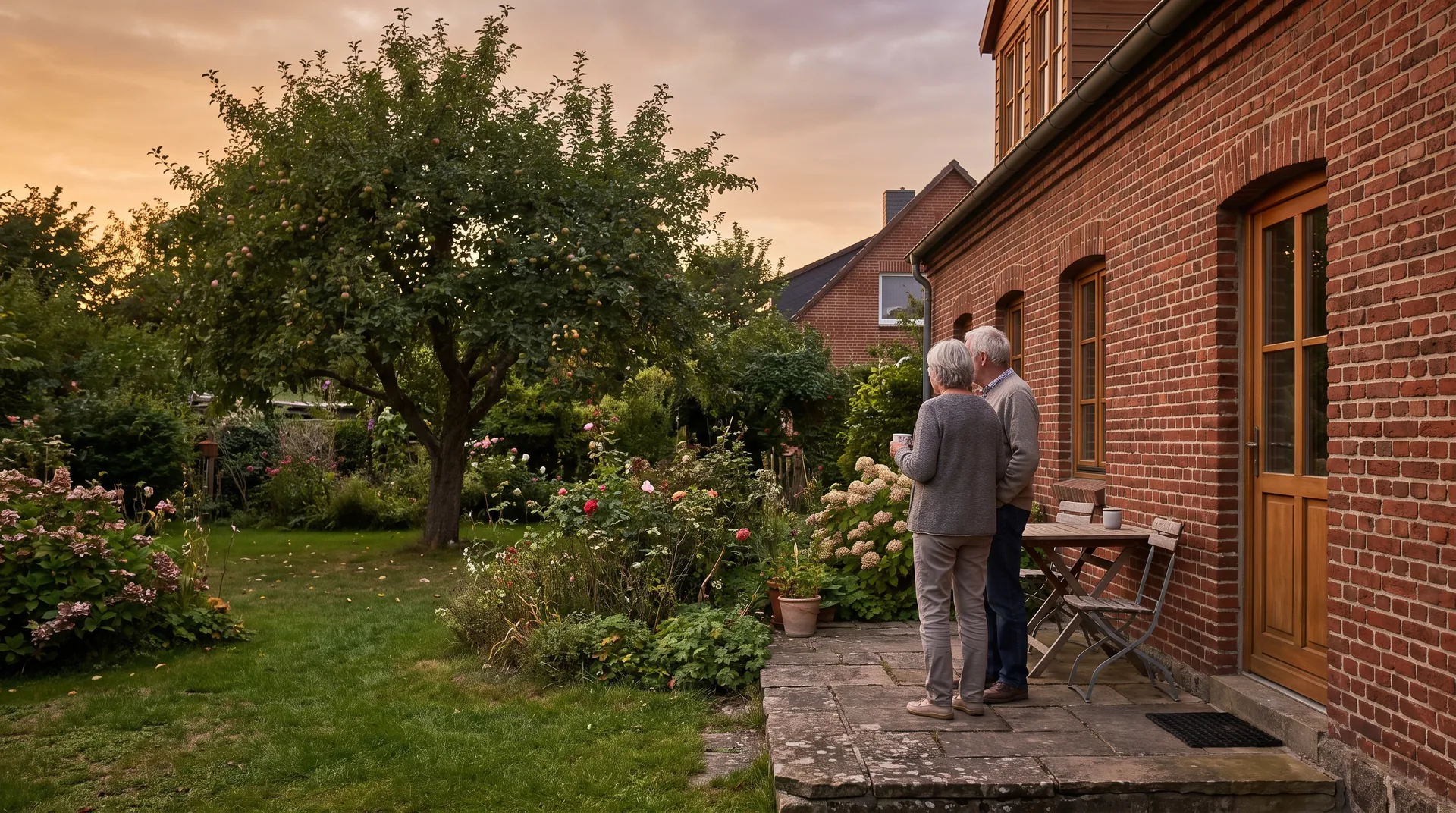 Ein älteres Paar steht von hinten gesehen mit Kaffeebechern auf der Terrasse und blickt in seinen Garten (Stimmungsbild)