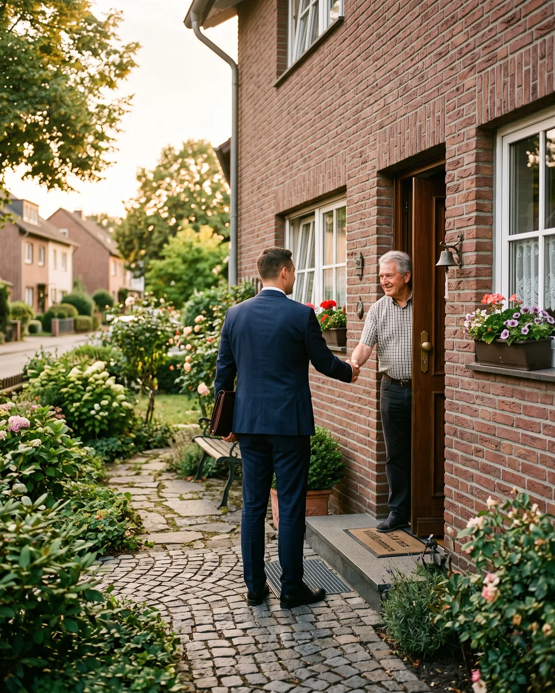 Begrüßung zum Bewertungstermin an der Haustür eines Einfamilienhauses