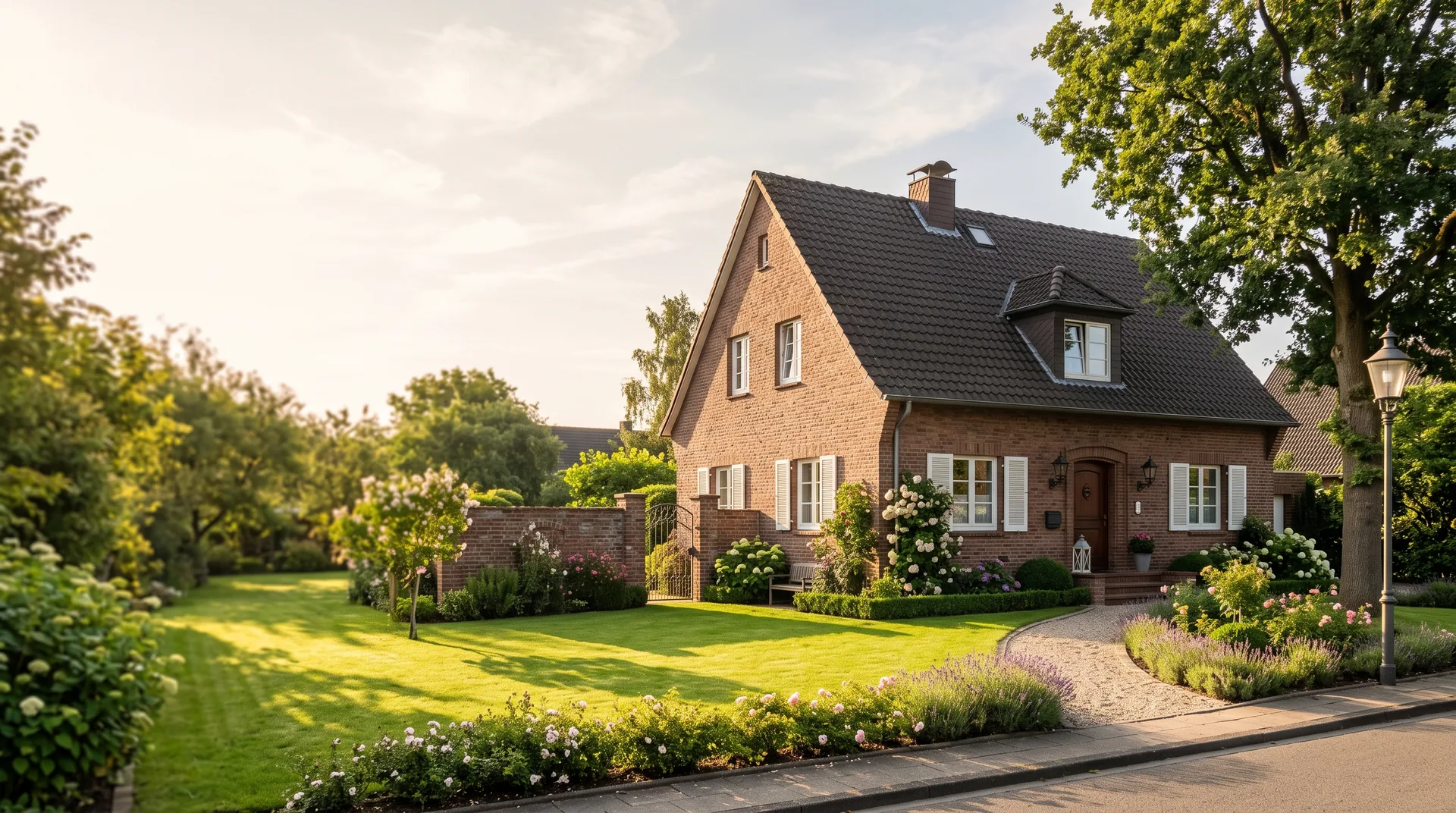Gepflegtes Einfamilienhaus mit Garten im warmen Morgenlicht