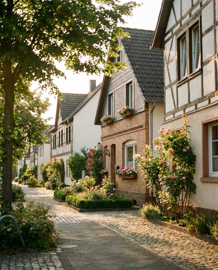 Wohnstraße mit Einfamilienhäusern im Rheinland