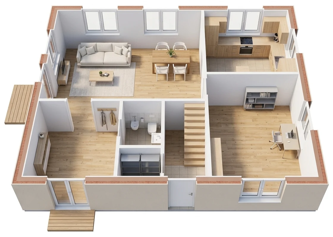 3D-Visualisierung des Muster-Erdgeschosses: Wohn- und Essbereich links oben, Küche rechts oben, Arbeits- und Gästezimmer rechts unten, Diele links unten, dazwischen Gäste-WC, Abstellraum und Treppe