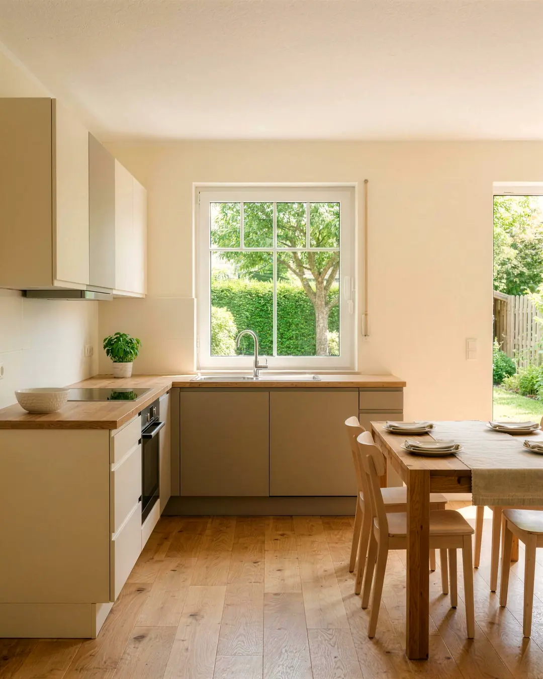Stimmungsbild eines hellen Küchen-Essbereichs mit Fenster zum Garten