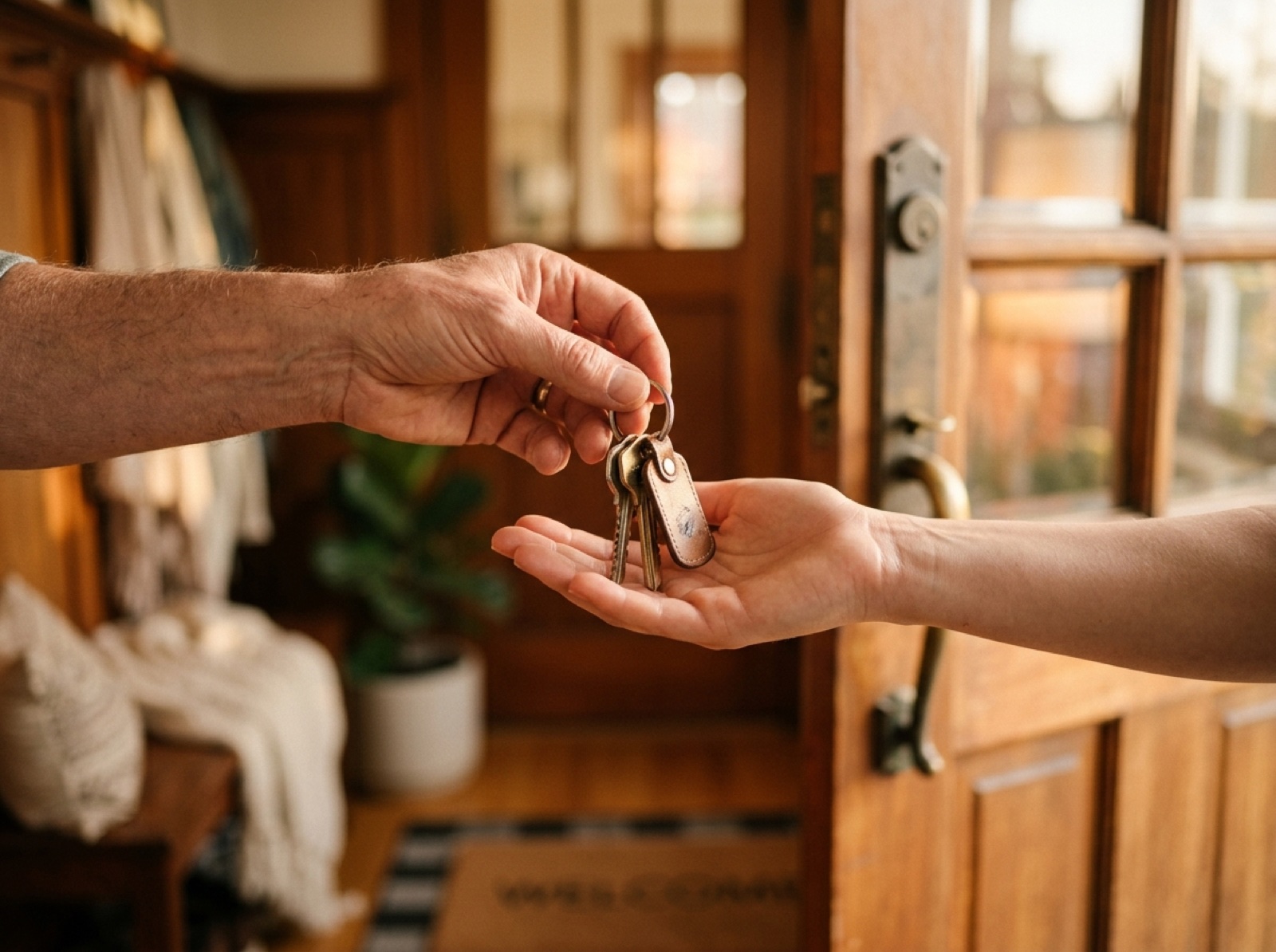 Schlüsselübergabe vor einem Zuhause