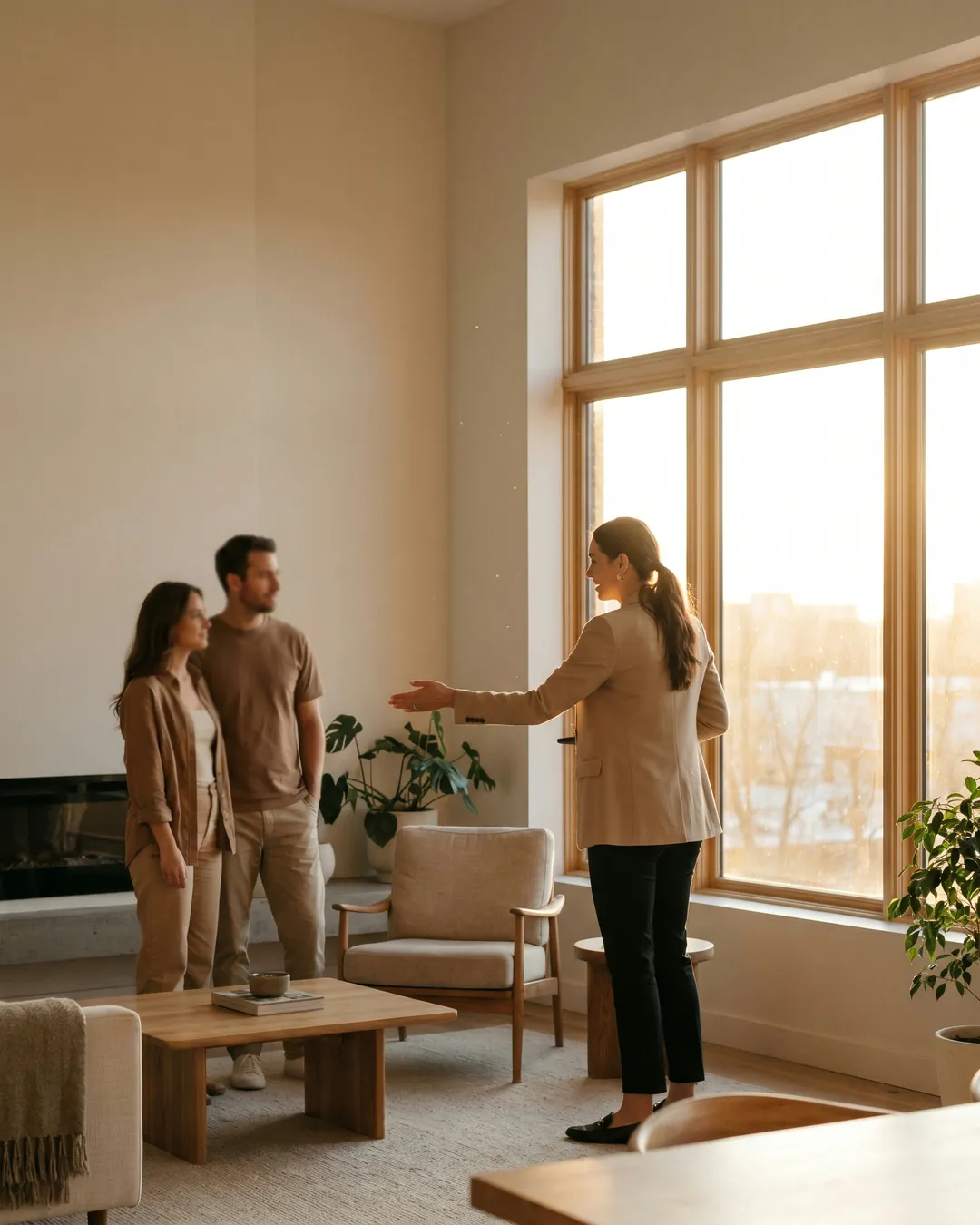 Besichtigung einer hellen Wohnung mit Blick aus dem Fenster