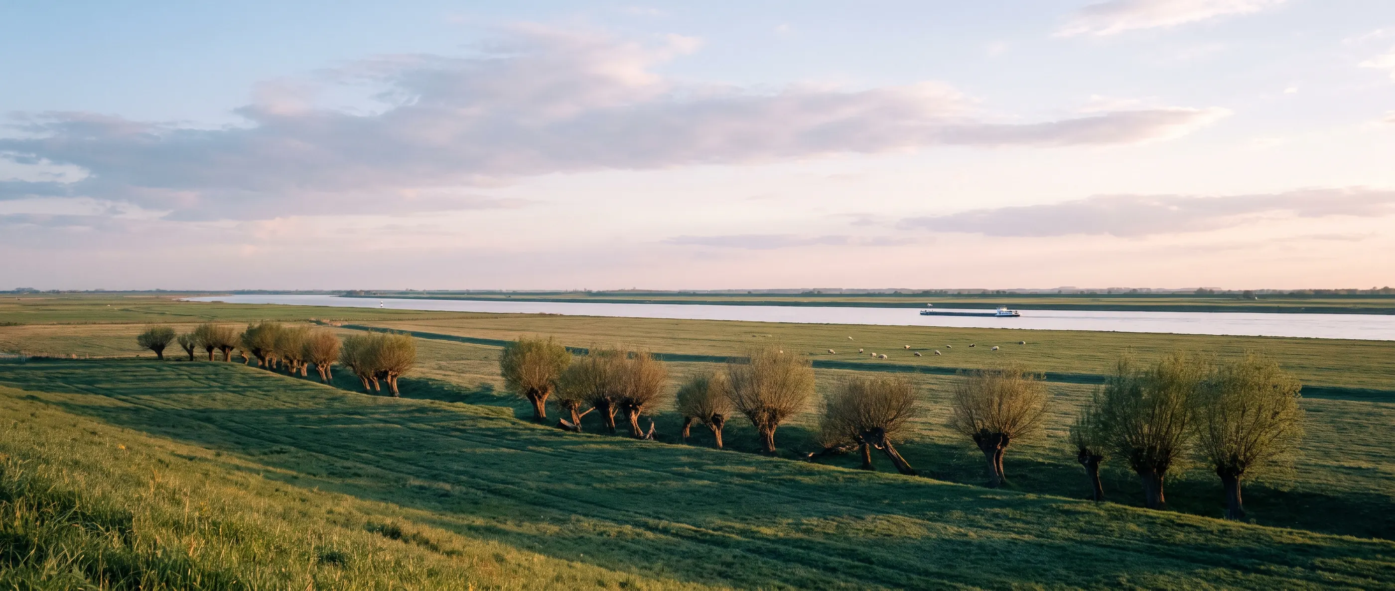 Weite Rheinauen am Niederrhein mit Kopfweiden im Abendlicht (Stimmungsbild)