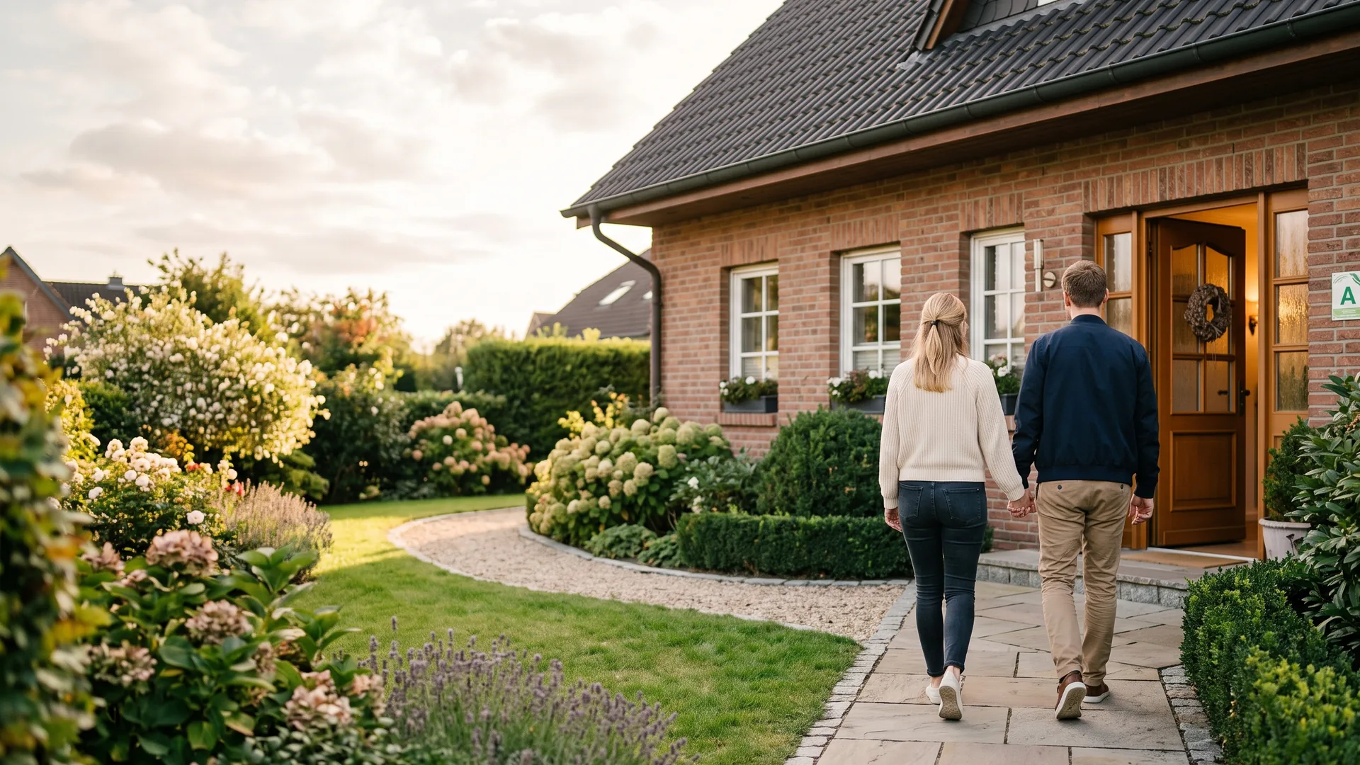 Ein Paar geht von hinten gesehen auf ein Klinkerhaus mit Garten zu