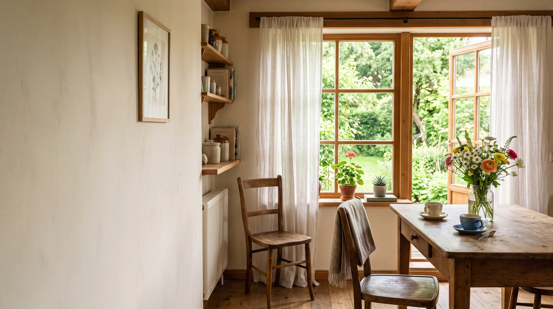 Heller Wohnraum mit Holztisch und Blick in den Garten (Stimmungsbild)