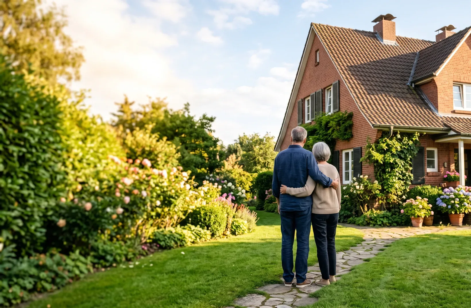 Ein älteres Paar steht von hinten gesehen Arm in Arm im Garten vor einem Klinkerhaus (Stimmungsbild)
