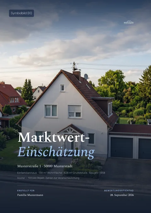 Muster-Wertermittlung, Deckblatt mit KI-Symbolbild eines Einfamilienhauses