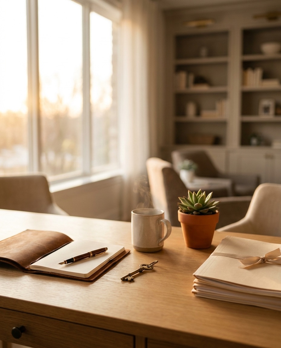 Schreibtisch eines Immobilienberaters am Fenster im warmen Abendlicht mit Notizbuch, Hausschlüssel und Kaffee