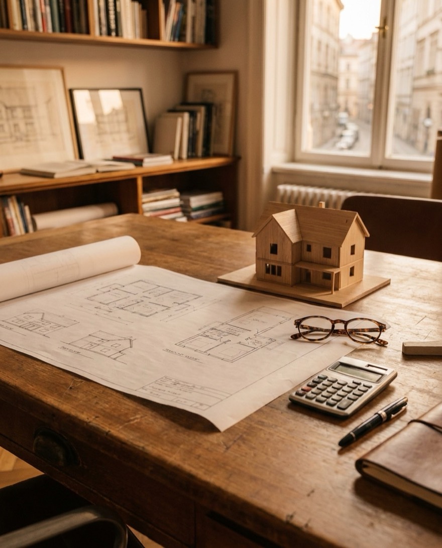 Architektenschreibtisch mit Hausgrundriss, Modellhaus und Taschenrechner im warmen Licht