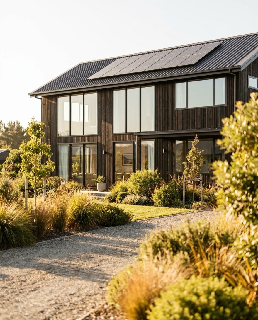Modernes, energieeffizientes Wohnhaus mit Sonne und gruener Umgebung