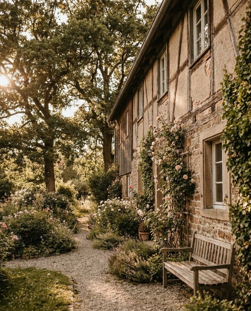 Traditionelles aelteres Familienhaus mit altem Baumbestand im warmen Nachmittagslicht