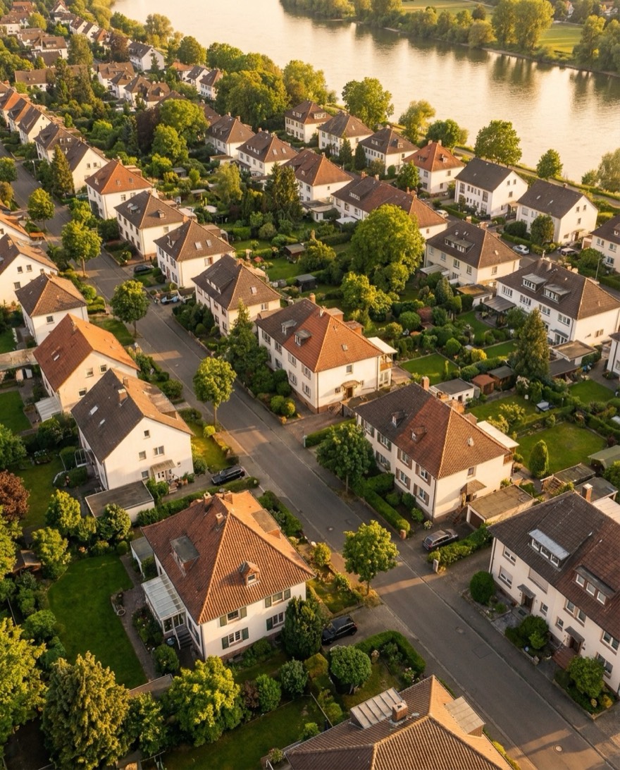 Luftaufnahme eines Wohnviertels im Rhein-Kreis Neuss im warmen Abendlicht