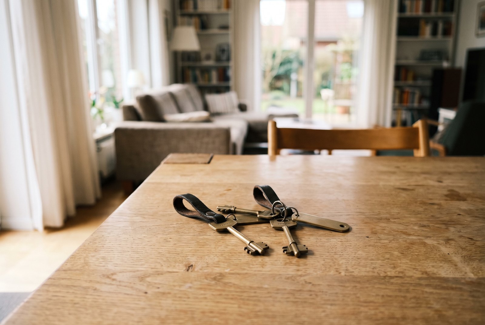 Zwei Schlüsselbunde mit Lederanhängern auf einem Eichentisch, dahinter ein helles Wohnzimmer mit Blick in den Garten