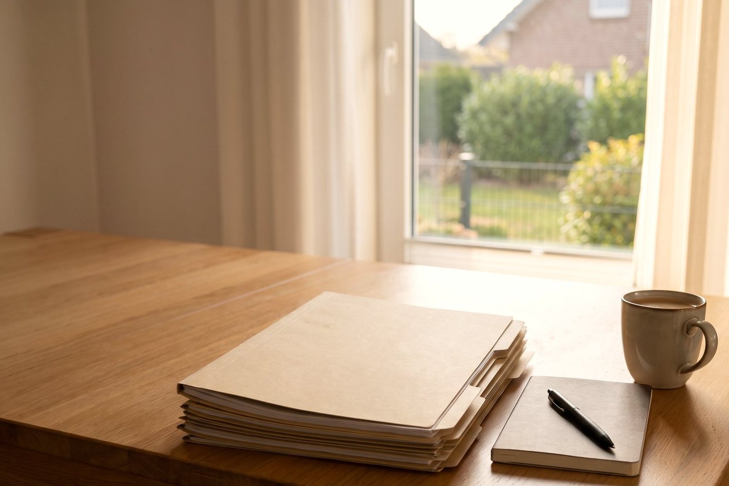 Stapel Unterlagen, ein Notizbuch mit Stift und eine Tasse Kaffee auf einem Holztisch, dahinter ein Fenster mit Blick in den Garten