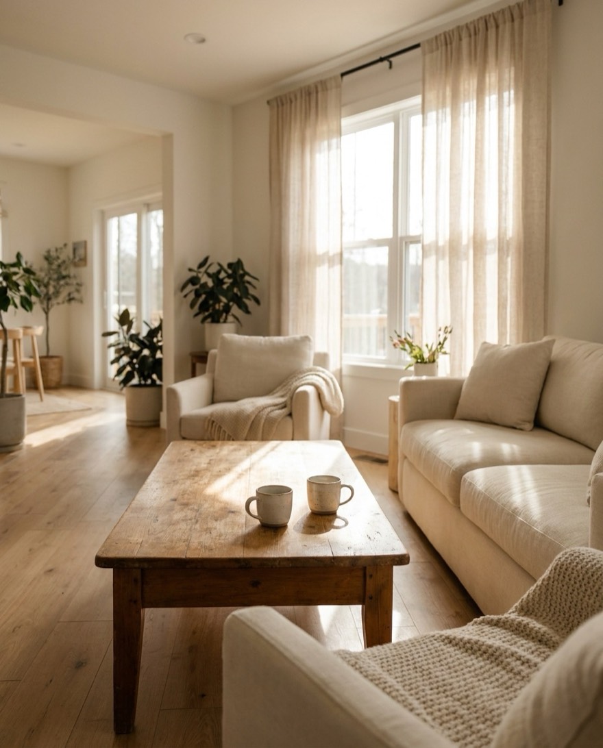 Helles, ruhiges Wohnzimmer mit zwei Kaffeetassen am sonnigen Fenster