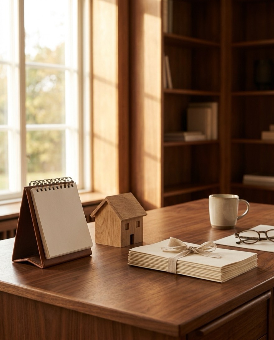 Schreibtisch mit Kalender, Modellhaus und Unterlagen im warmen Abendlicht