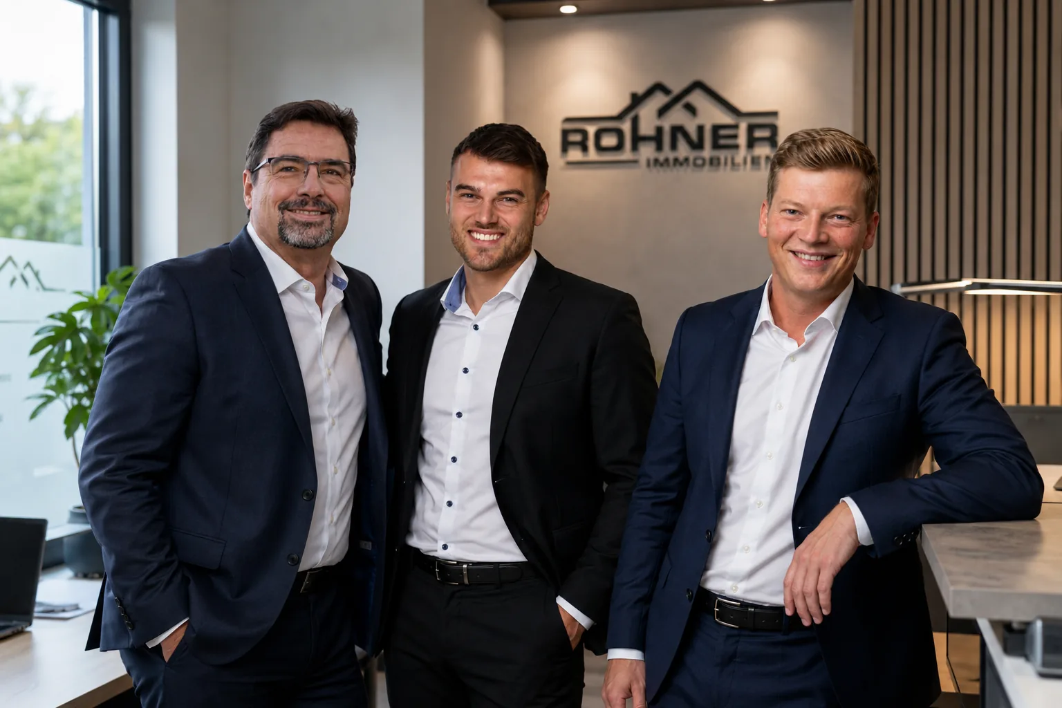 Das Team von Rohner Immobilien im Büro: Klaus Müller, Carlo Rohner und Max Zander vor dem Wandlogo