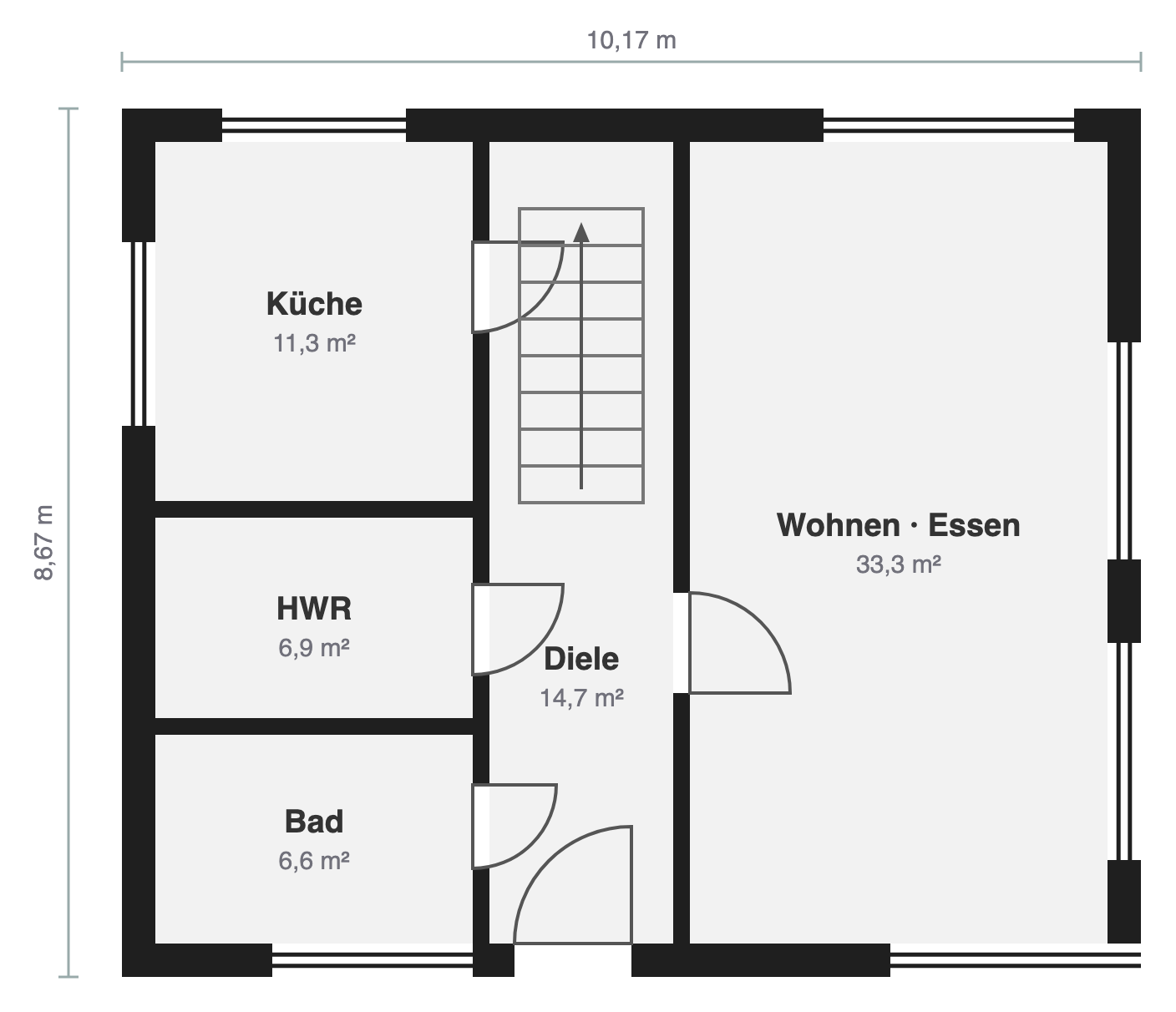 Klarer, moderner Muster-Grundriss eines Erdgeschosses mit Raumnamen und Quadratmeterangaben
